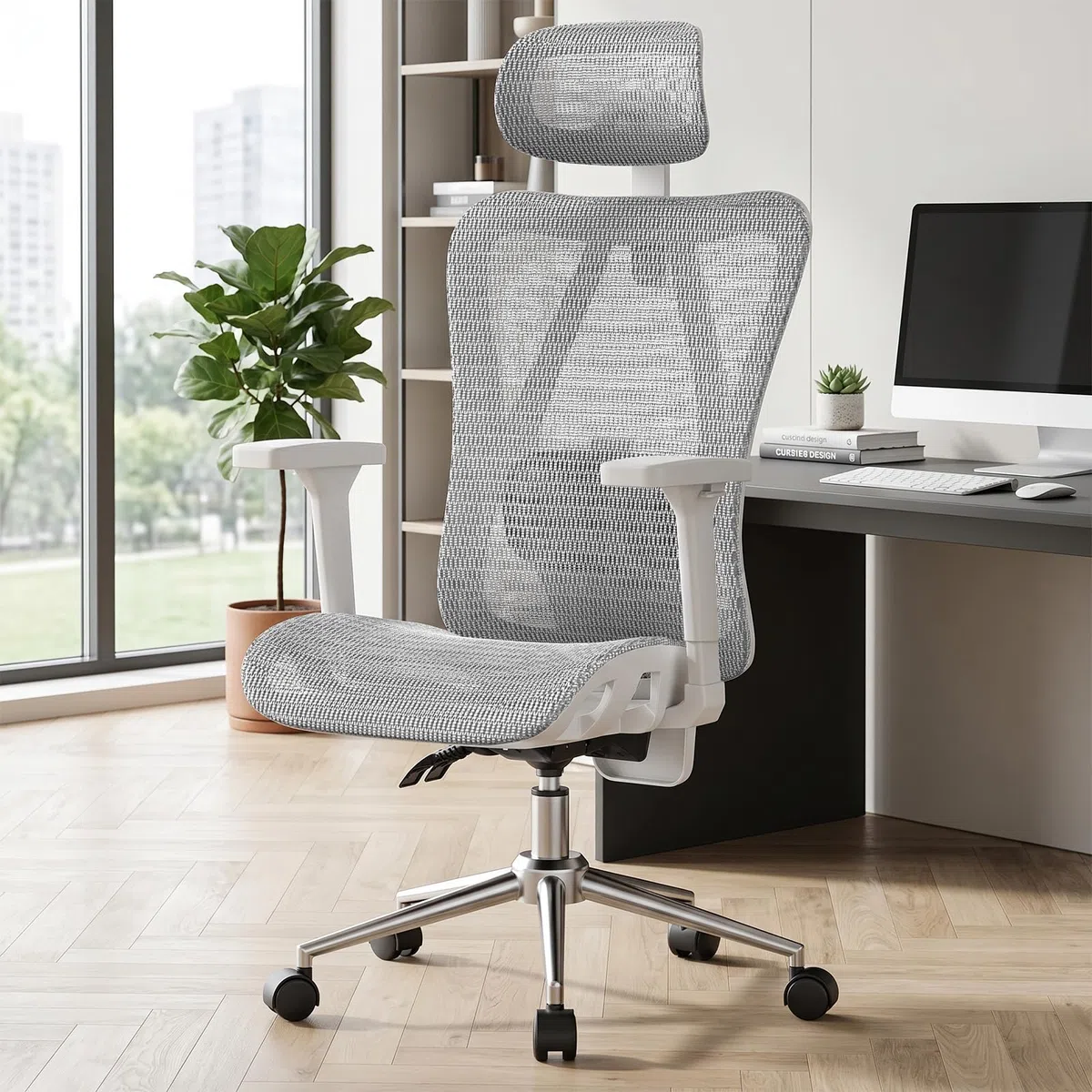 naspaluro Silla de Oficina Ergonómica con Reposacabezas, Respaldo Ajustable en 3 Posiciones, Carga hasta 150kg, Silla de Escritorio para Oficina y Home Office, Gris Claro