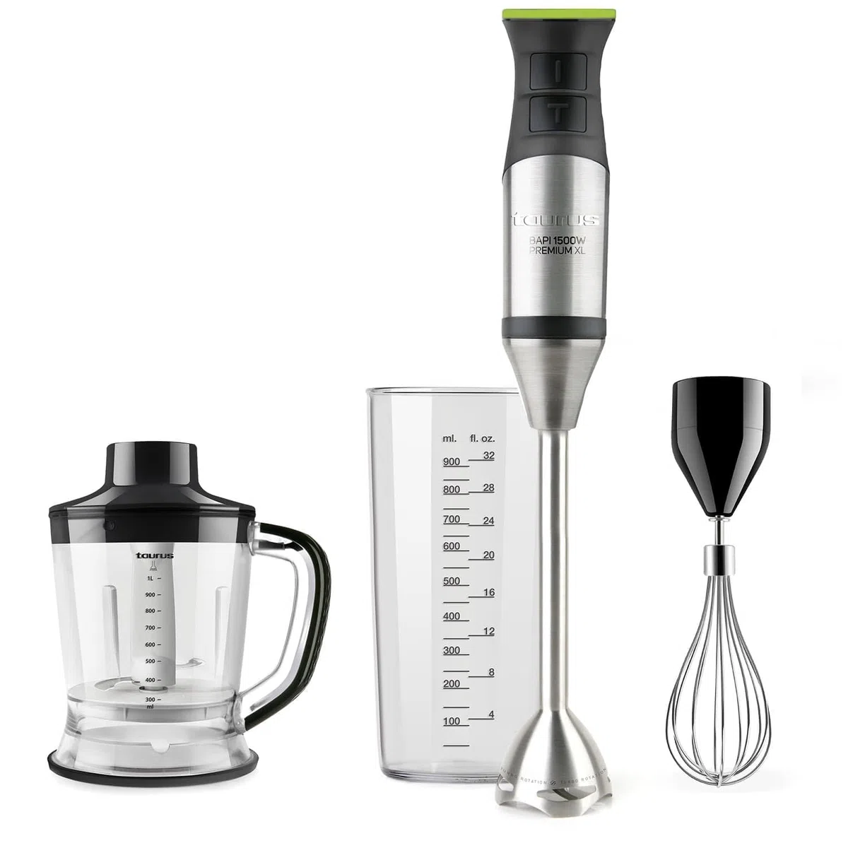 Taurus BAPI 1500 Premium XL Plus – Batidora de Mano sin BPA| Varilla Extralarga| 20 Velocidades + Turbo| 1500W| Cuchillas Acero INOX 4 filos| Incluye Set Completo de Accesorios apto para Lavavajillas