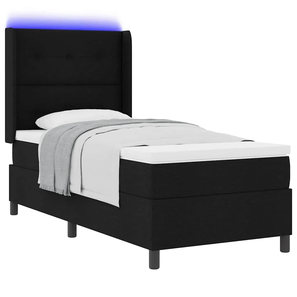 Cama con somier LED con colchón, color negro, 90 x 200 cm, tela tapizada, con somier y cabecero, tiras LED RGB, marco de madera, dormitorio moderno, espacio compacto para dormir