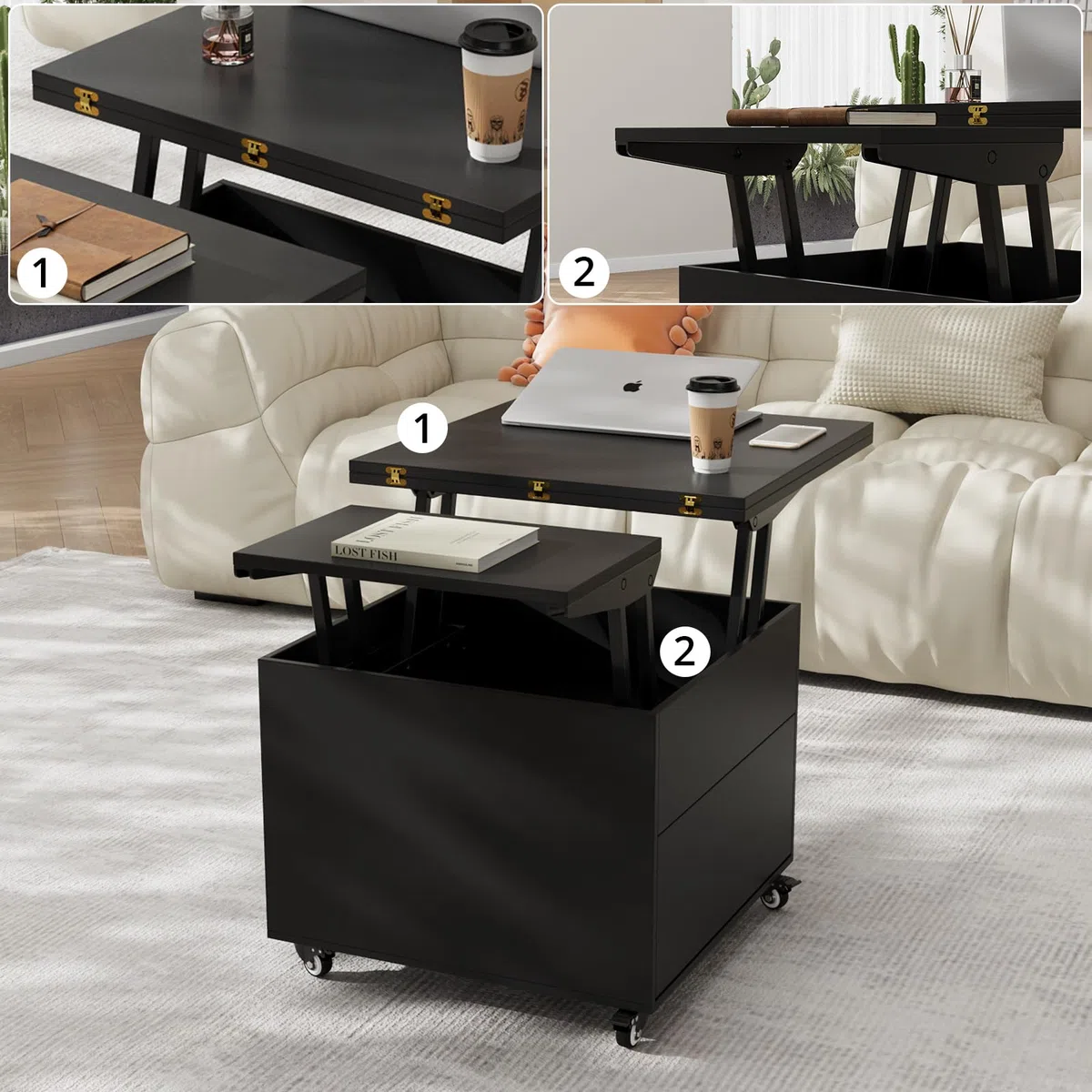 VOWNER Mesa de Centro Elevable Extensible (Negro) | Multifuncional 3 en 1, Convertible en Mesa de Comedor de Salón