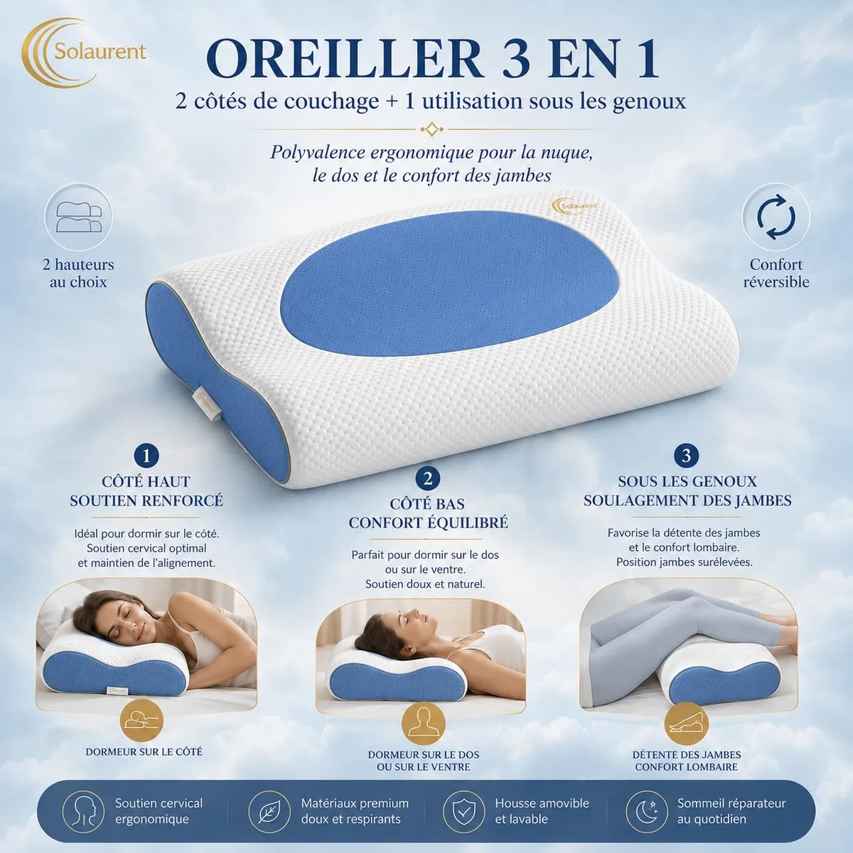 Wavéalux – Almohada ergonómica Cervical – Almohada ergonómica – Almohada ortopédica. 3 en 1 para la nuca y para las piernas. oekotex y certi-Pur (azul)