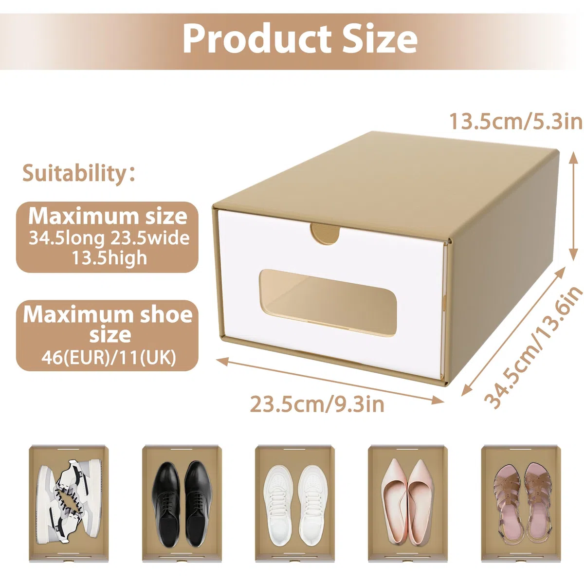 NAIZY 20 cajones para cajones, 34,5 x 23,5 x 13,5 cm, apilables, de cartón kraft, con tapa y ventana, para zapatos, accesorios