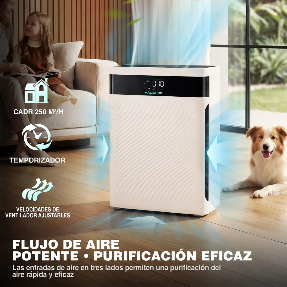 HAUSHOF Purificador de Aire con Filtro HEPA H13 | para Alergias, Polen, Humo, Caspa De Mascotas y Olores, Modo Mascota y Reposo, Silencioso 30dB