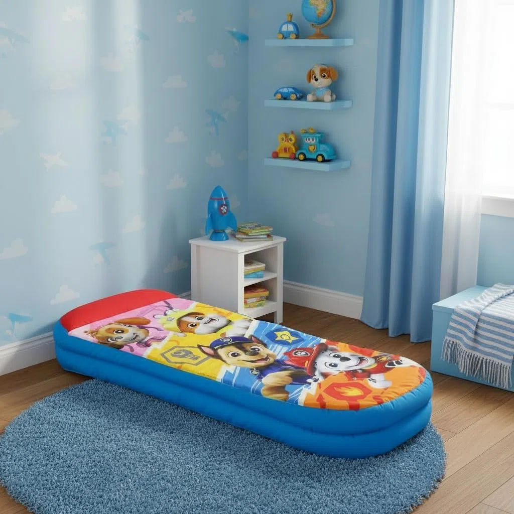 Character World Paw Patrol ReadyBed - Cama de Aire Inflable y Saco de Dormir para niños con Bomba | Skye, Marshall, Rubble and Chase Design | Colchón de Viaje para Fiestas de Pijamas y Camping o Uso