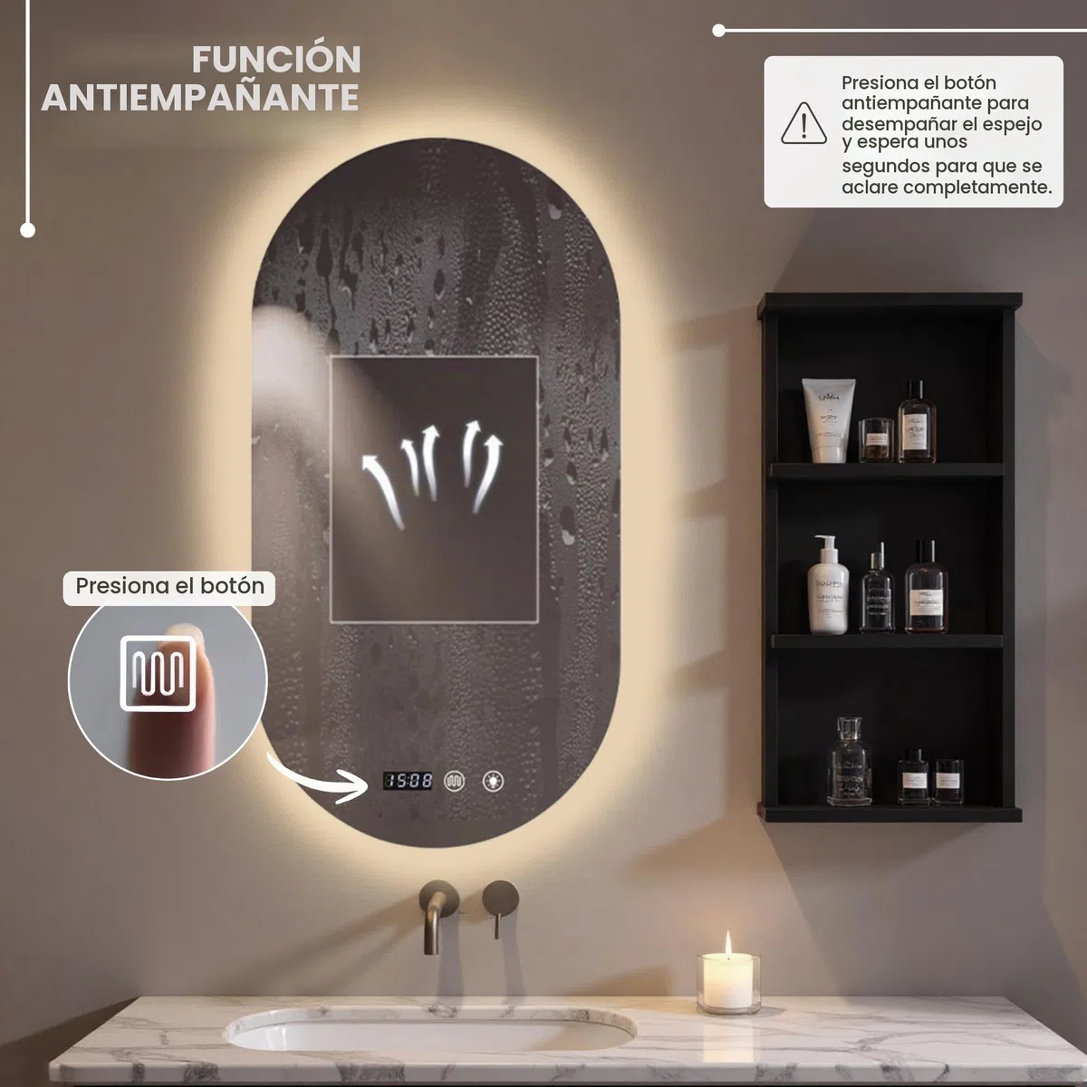 MAGIC SELECT Espejo de Baño con Luz Ovalado de Pared 60x90cm | Con Enchufe, 3 Tonos de Color, Ajuste de Brillo y Antivaho, Indicador de Hora y Temperatura, Vertical