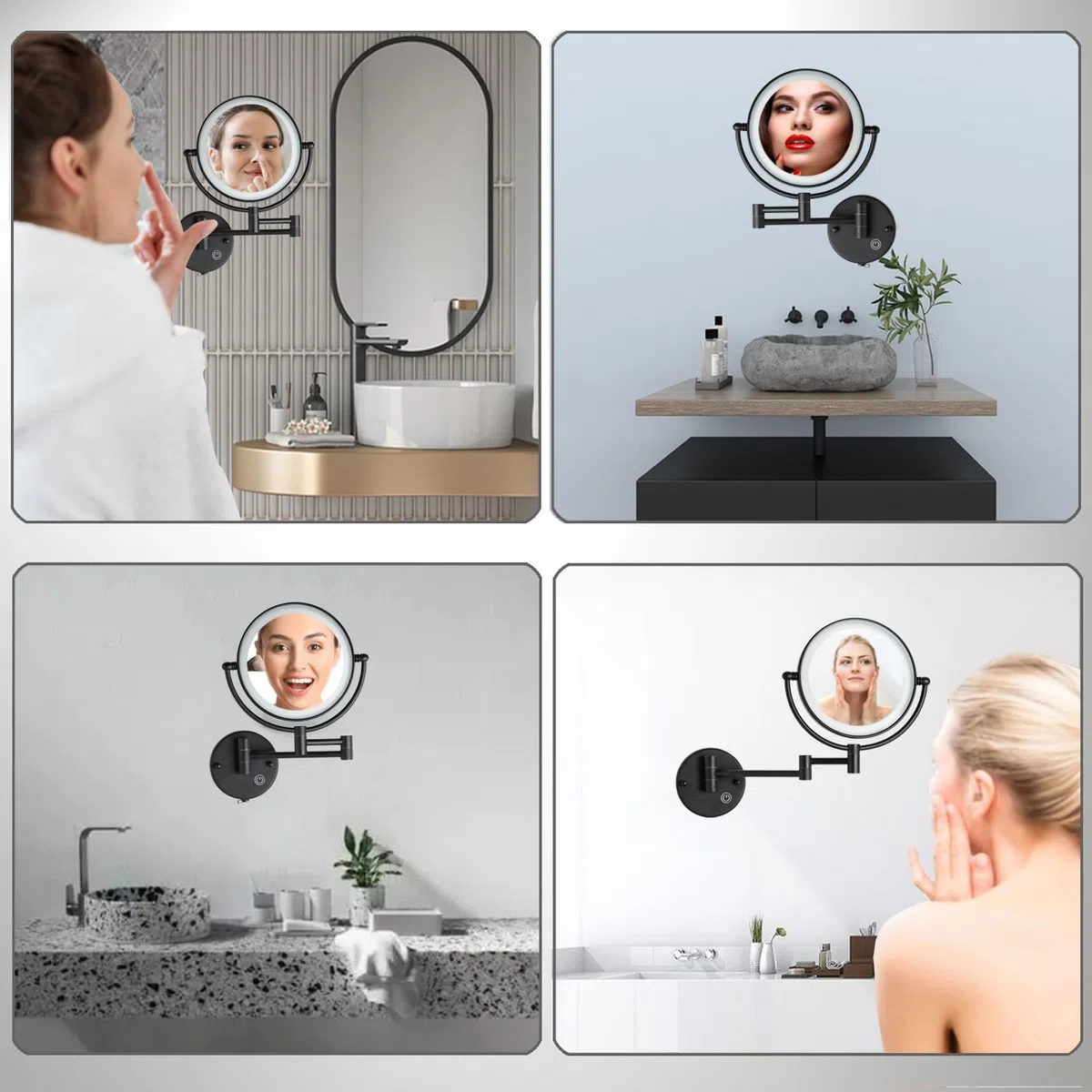 Espejo Maquillaje con Luz Pared, 1X / 5X Doble Cara Espejo Baño,Material de Latón,Espejo Aumento con Luz,Control por Interruptor Táctil,Brillo Ajustable,360 Giratorio Espejo para Baño,Hotel