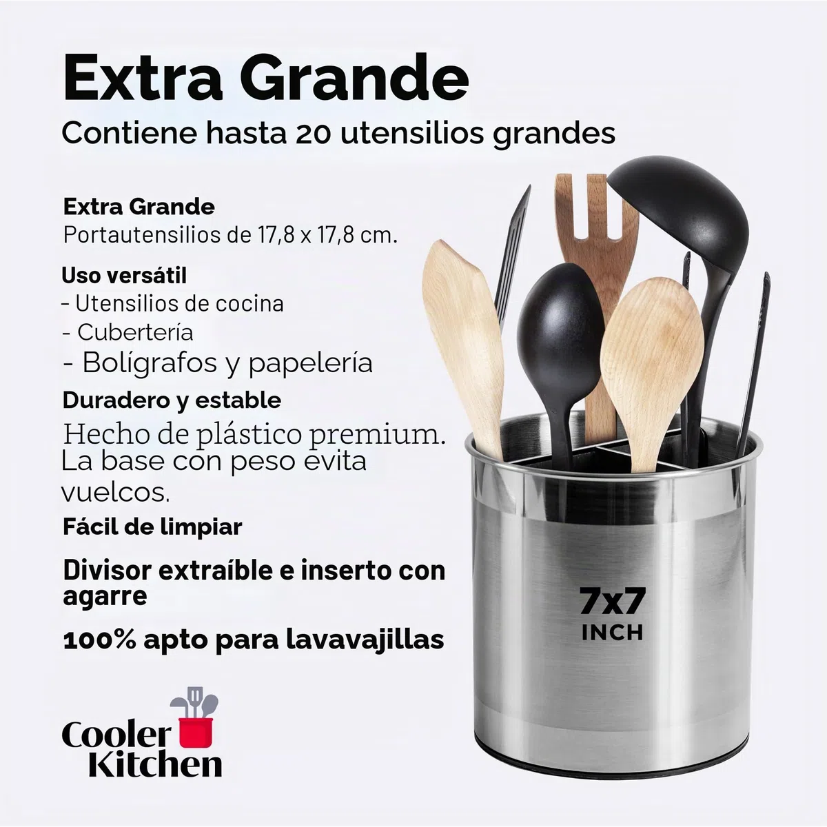 Soporte para Utensilios de Cocina COOLER con Base Estable Antivuelco, Divisor Removible y Fondo con Inserto Antideslizante. Lavavajillas
