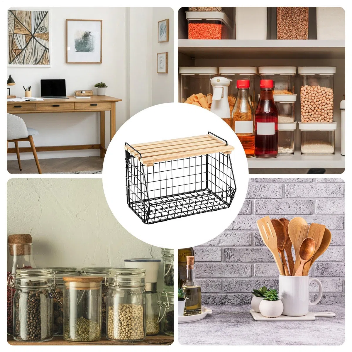 Cesta de alambre de almacenamiento, contenedor montado en la pared para uso en la cocina, marco de hierro con tapa de madera, función de diseño apilable, accesorio de fácil organización, adecuado para