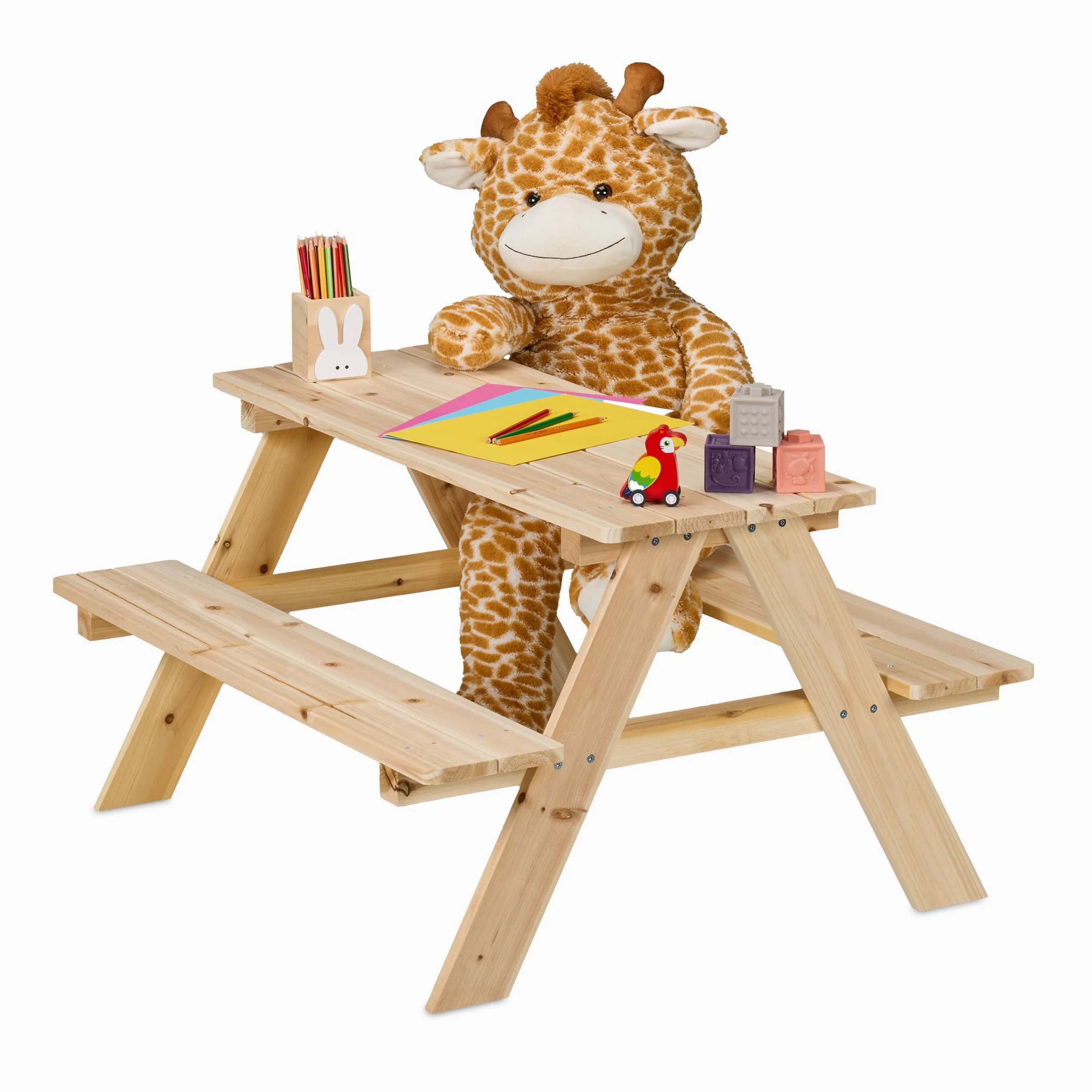 Relaxdays Mesa Pícnic Infantil, Banco Jardín Niños, 51 x 90 x 78 cm, para Jugar, para 4 Infantes, Madera, Natural