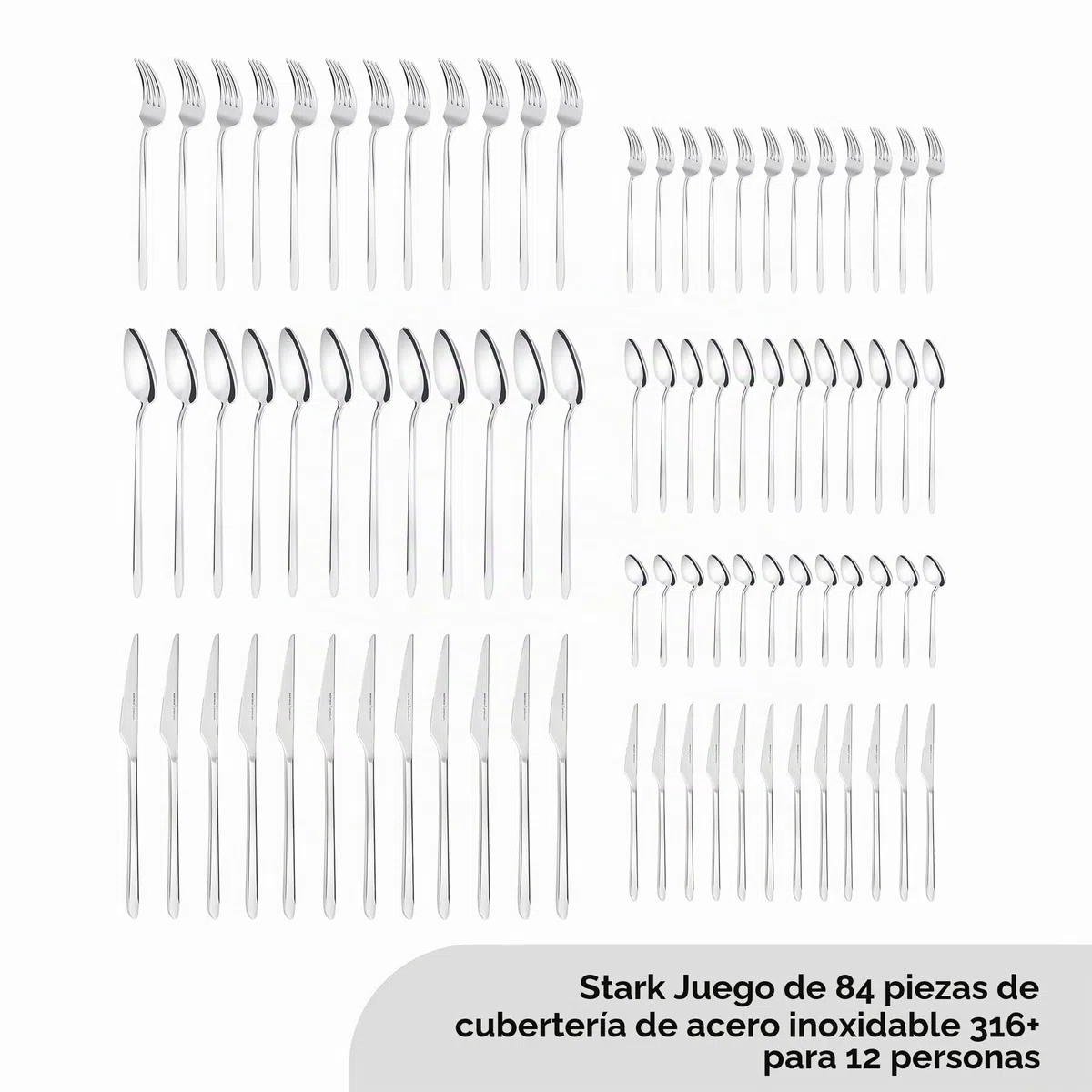 Karaca Stark 316+ - Juego de cubiertos prémium para 12 personas, 84 piezas, cuchara, resistente al óxido, de larga duración, resistente a la corrosión, apto para lavavajillas, cubiertos para servir,