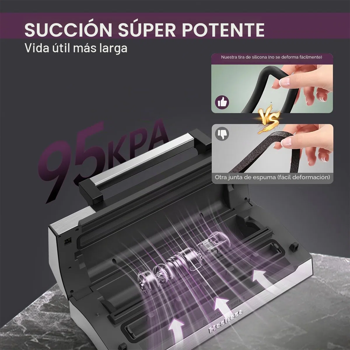 Mesliese Envasadora al vacío 95 kPa 140W, 20 L/min, doble sellado, cortador integrado, + 2 tapas de vacío para tarros y frascos