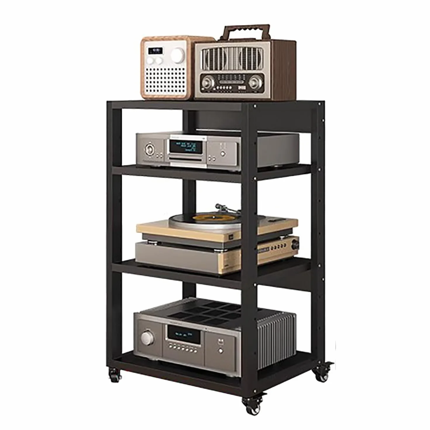 Gabinete de Audio de Alta Resistencia con Estante AV, Torre de 4 Niveles con Ruedas, Soporte para componentes estéreo de Entretenimiento, Soporte para bastidores de Medios y Soportes para si