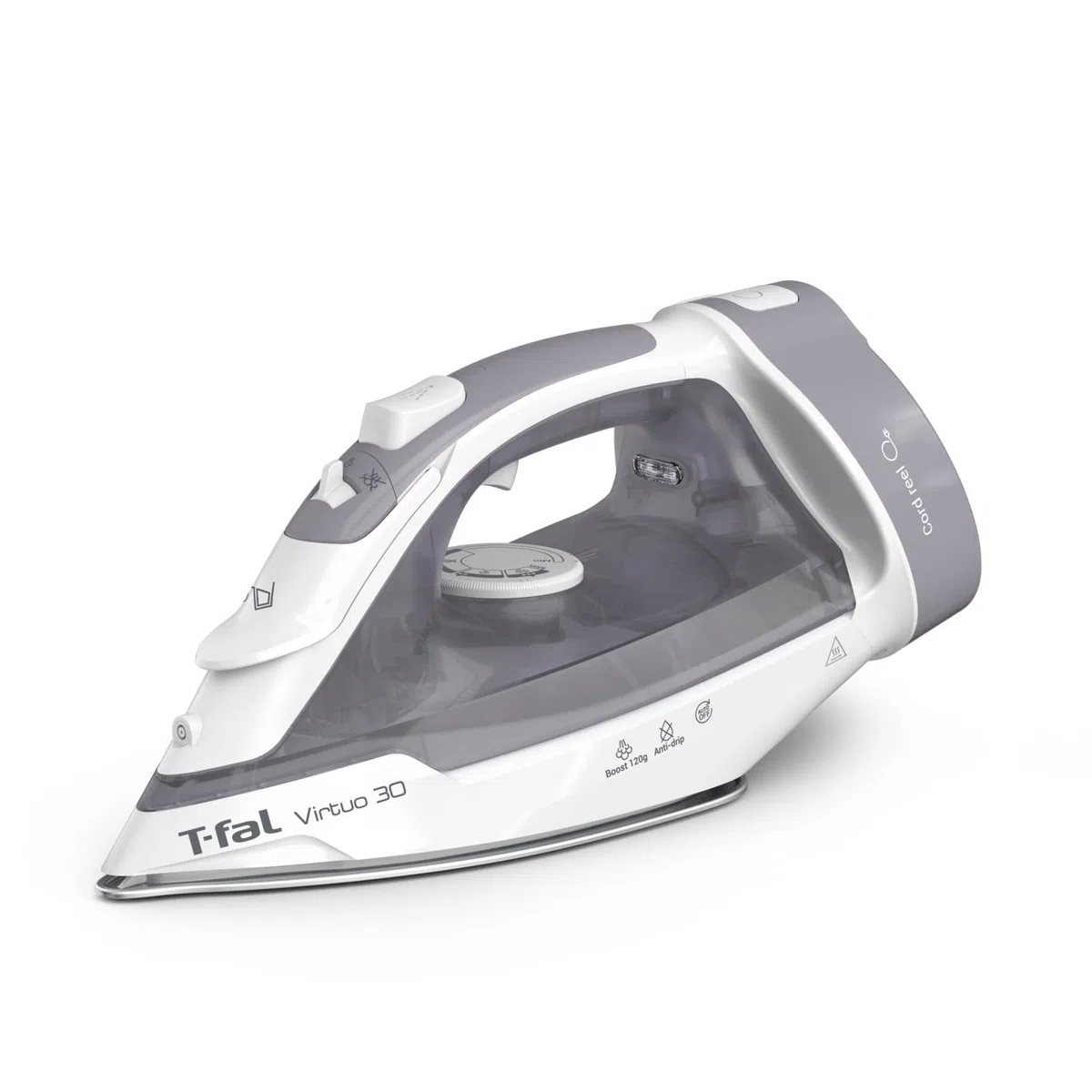 T-fal Virtuo FV2C80U0 - Plancha de vapor con cable retráctil y apagado automático, suela de cerámica XL, color gris