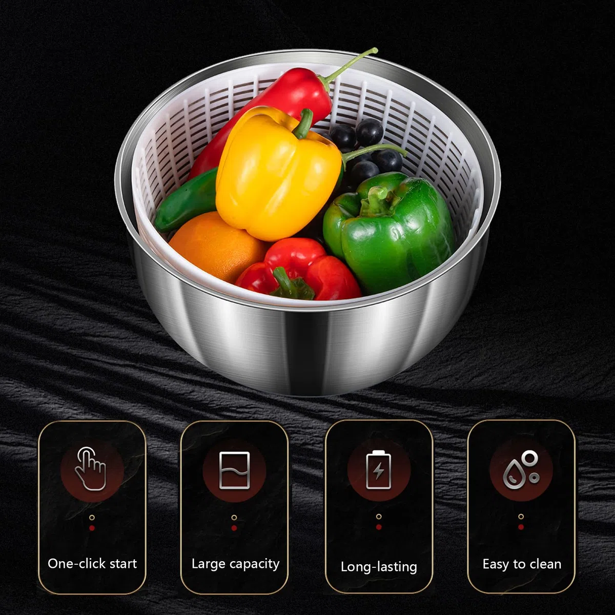 Ensalada Eléctrica, Secadora de Frutas y Verduras, Ensalada Automática Grande de 4,8 L de Acero Inoxidable, Ensalada Recargable por USB, Secadora para Ensalada de Frutas y Verduras