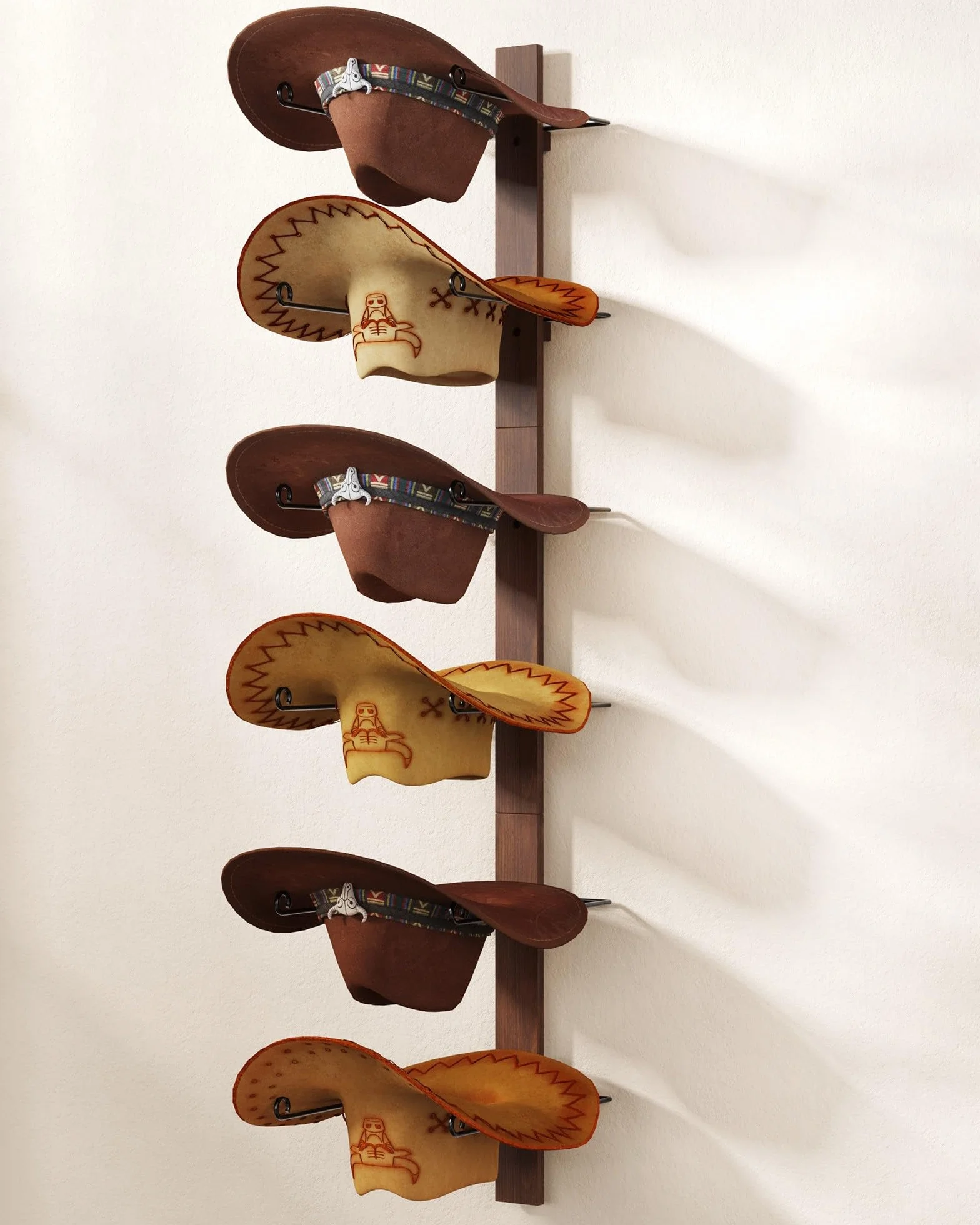 Estante para sombrero de vaquero, soporte de metal para sombrero de vaquero con tabla de madera, 6 piezas para sombrero de pared