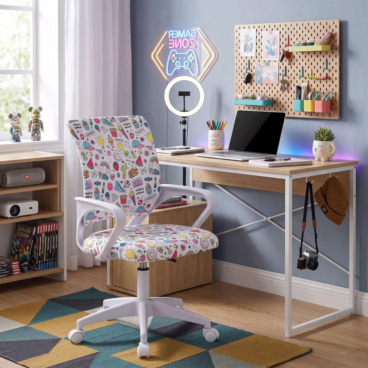 Miroytengo Silla de Escritorio Juvenil Vita Emojis, Altura Regulable, Tela Estampado, Reposabrazos Blanco