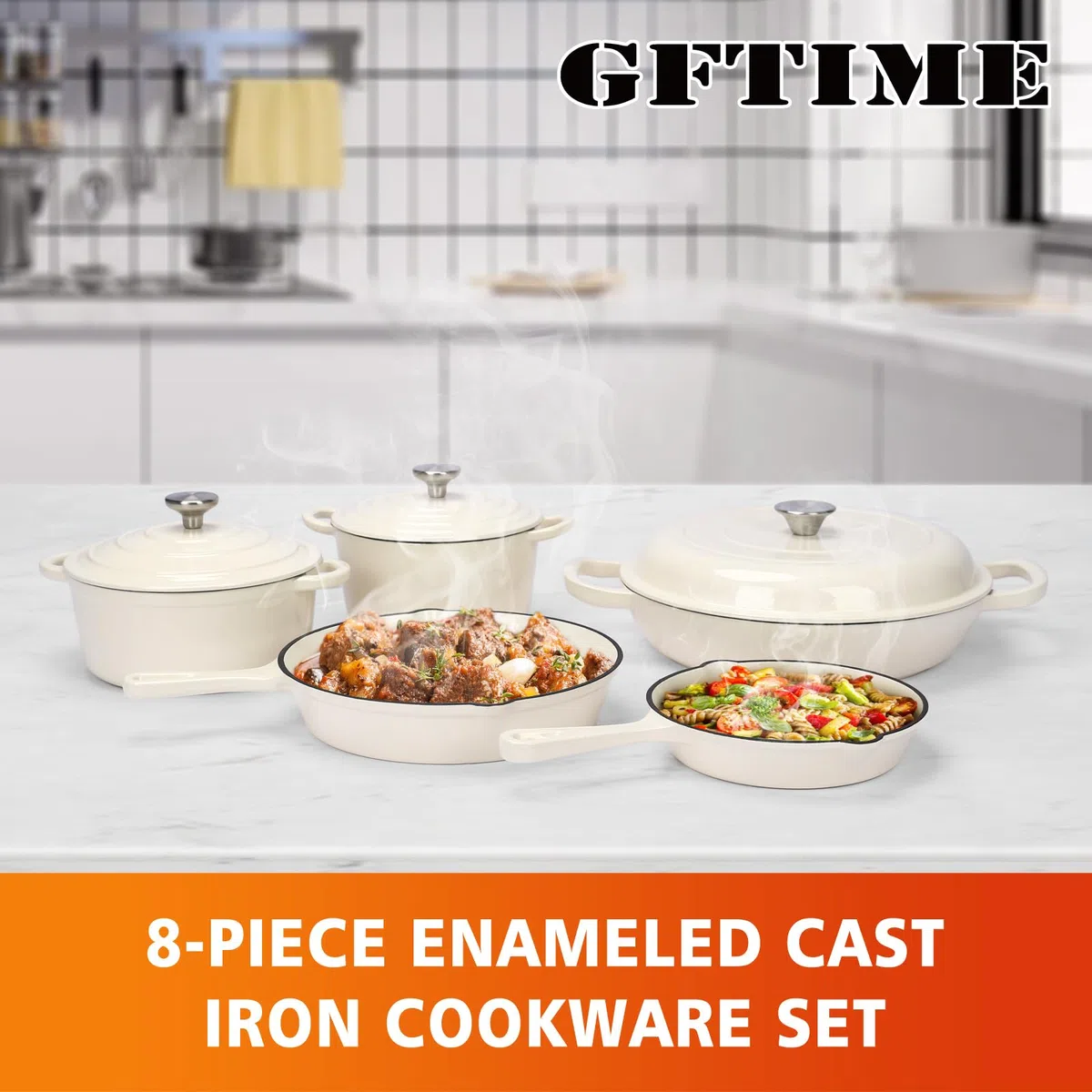 GFTIME Juego de 8 piezas de cocina en hierro fundido esmaltado antiadherente, ollas, sartenes y horno holandés para todo tipo de fuegos, ideal para hornear pan