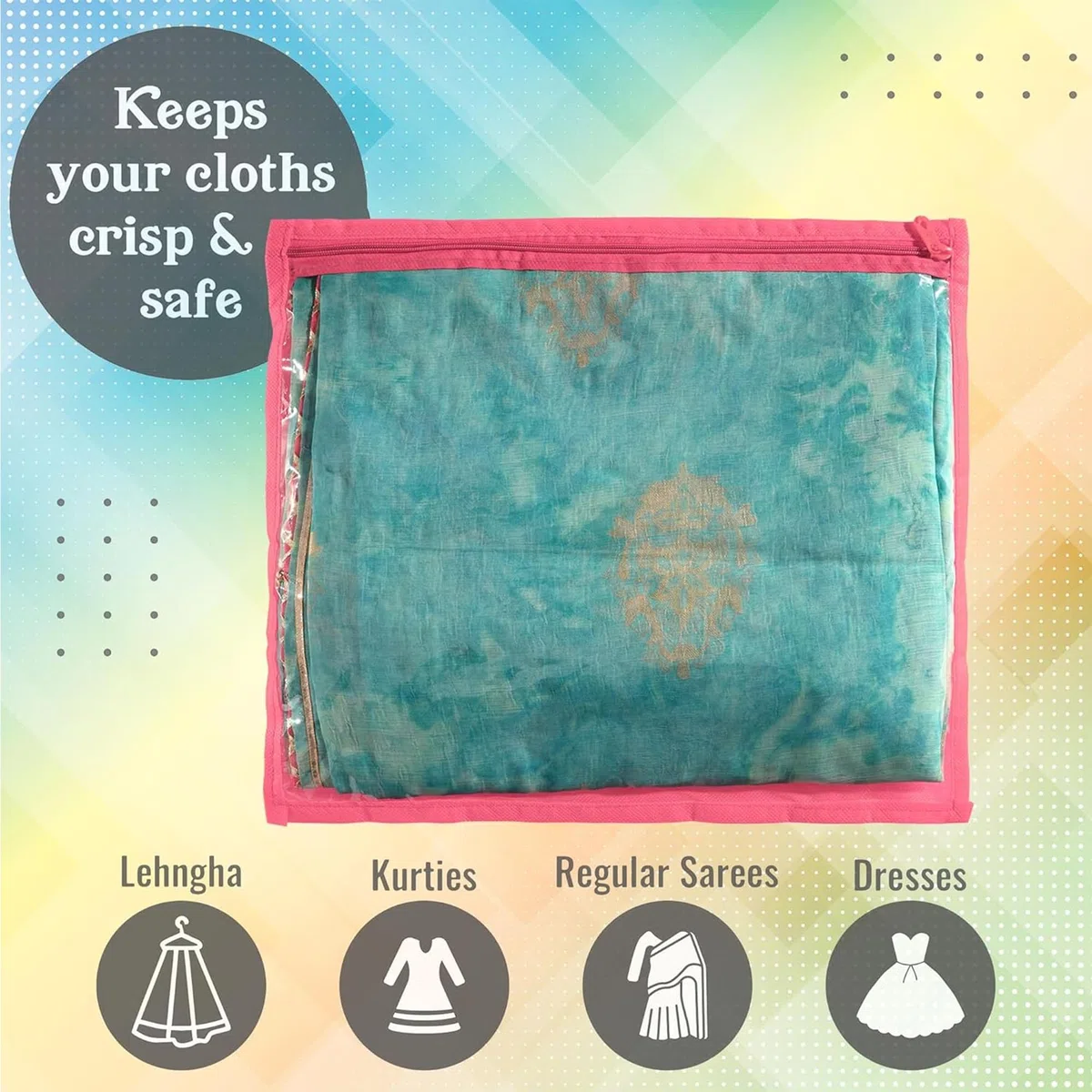 Kuber Industries Paquete de 48 fundas para sari | Bolsas de embalaje para vestido con cremallera | Bolsas de sari para almacenamiento | Organizador de ropa para armario | Rosa