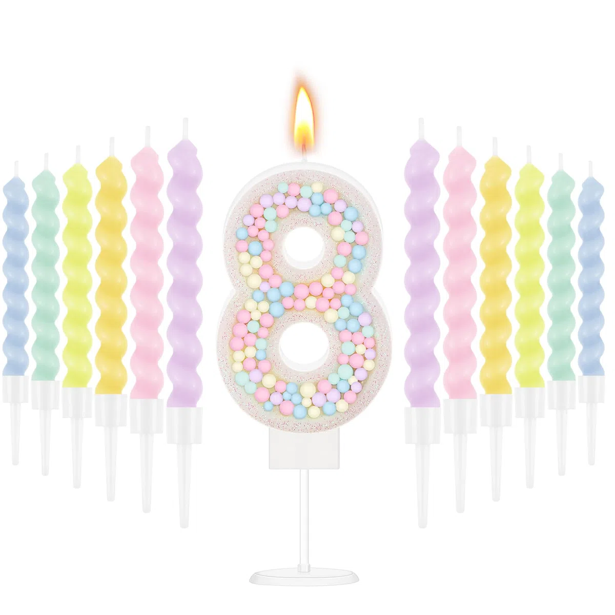 MTLEE Vela de cumpleaños con purpurina de macarrón con números 3D con 12 velas en espiral arcoíris en soportes para decoración de tartas de niña y niño, boda, aniversario, decoración de fiesta