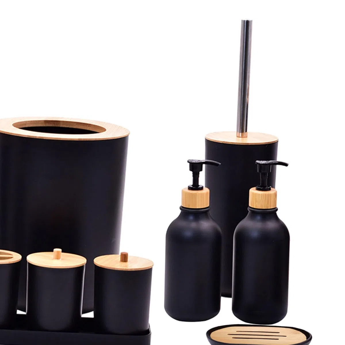 11 Piezas Dispensador de Jabón Set de Accesorios para Baño con Contenedor para Bastoncillos Jabonera Porta Cepillos de Dientes Y Cubeta Adecuado para, Negro, Individual