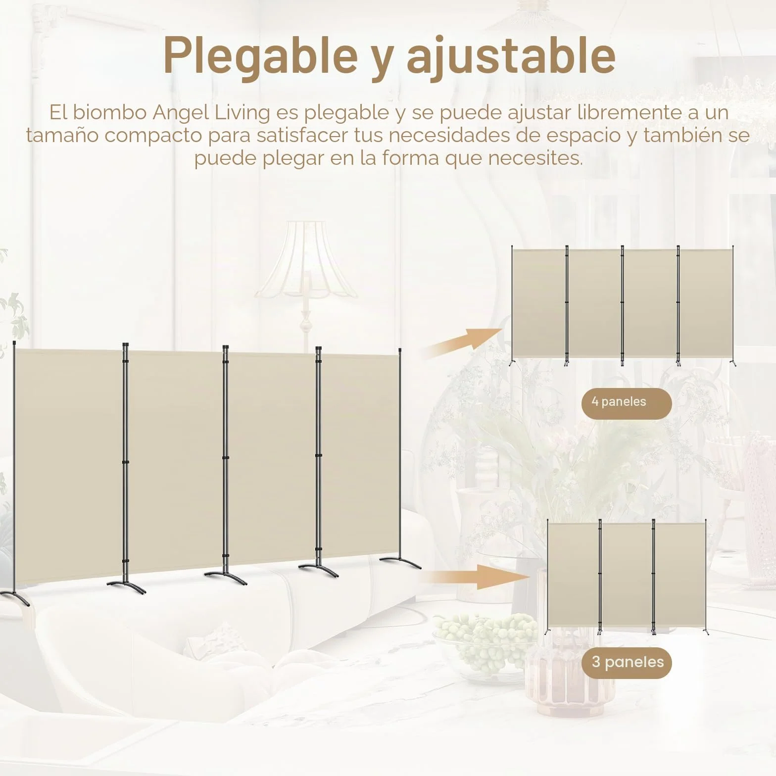 Angel Living Biombo Grande de 4 Paneles, Decoración Elegante, Separador de Ambientes Plegable, Divisor de Habitaciones, 324x169 cm (Beige)