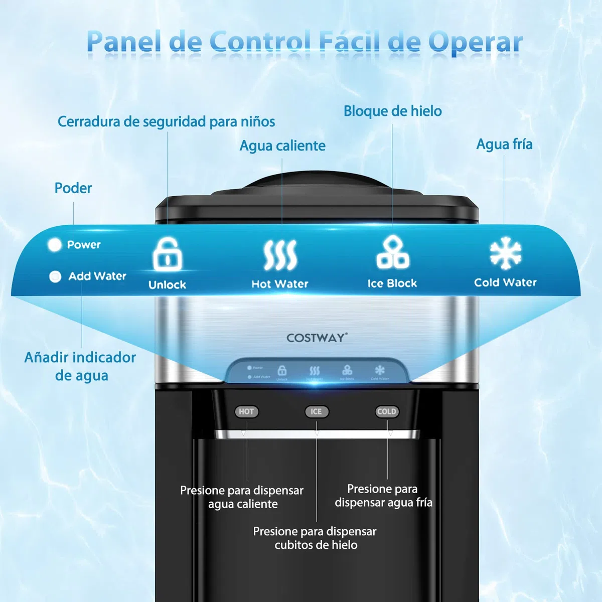 COSTWAY Dispensador de Agua 3-en-1 Con Máquina de Hielo, 3 Ajustes de Temperatura, Para Botellas de 3-5 Galones, Para Hogar y Oficina