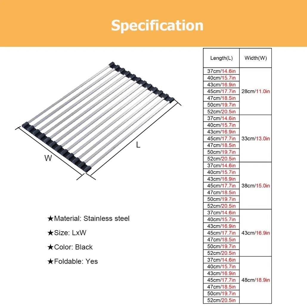 Escurridor plegable de acero inoxidable para fregadero de cocina, ajustable, 37-52 cm, diseño enrollable que ahorra espacio, color negro (40 x 48 cm)