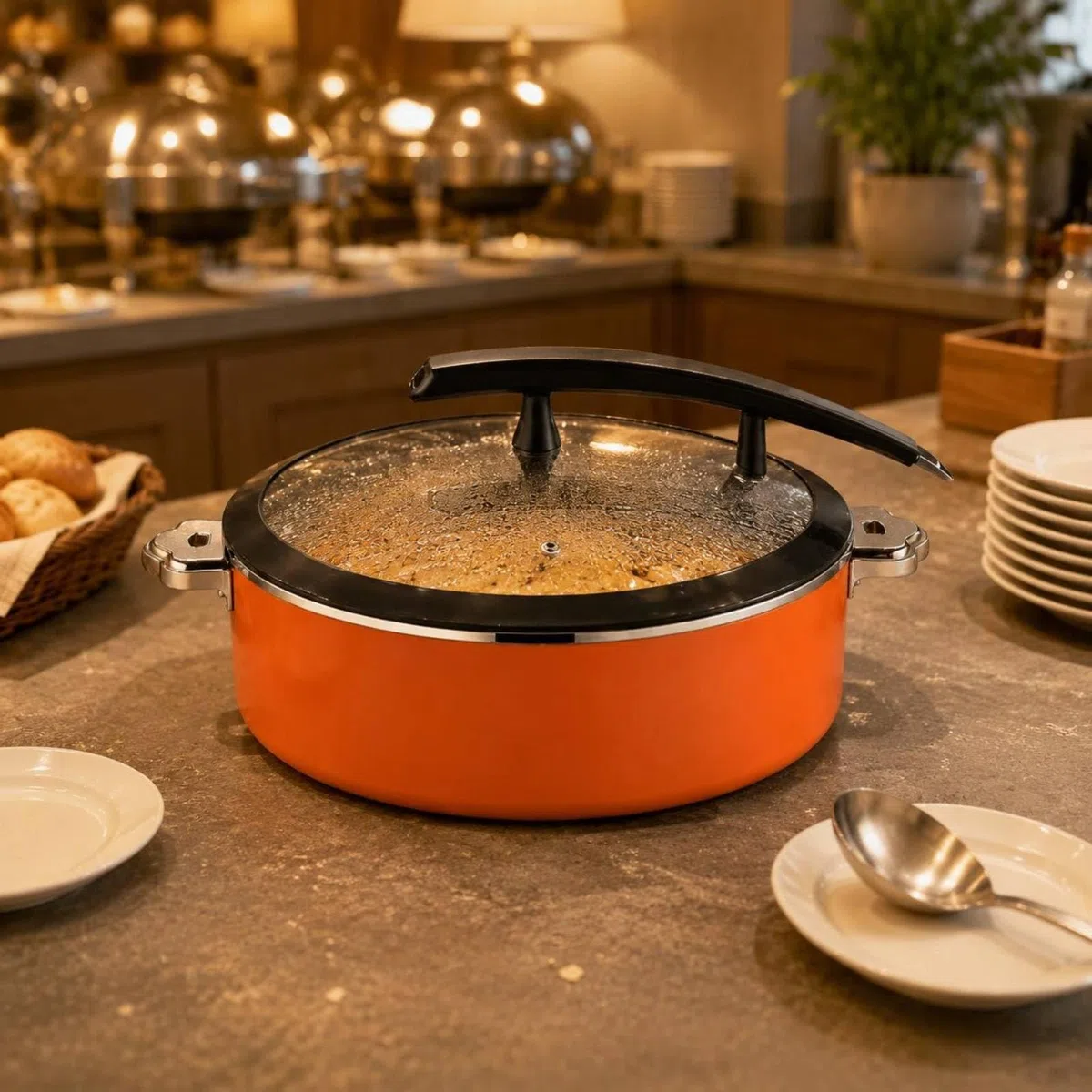 Servidor de Buffet de Acero Inoxidable Conservación del Temperatura Fuente Calentadora Uso Comercial Calentador Buffet Redondo para Catering, Naranja, 38CM