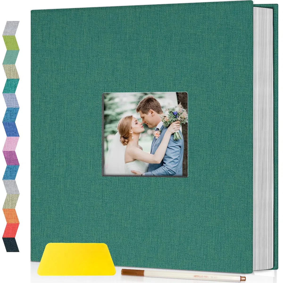 Popotop Álbum de fotos autoadhesivo con ventana de visualización de imágenes, 60 páginas, álbum de recortes para fotos de 4 x 6, 8 x 10 pulgadas, libro de recuerdos con cubierta de lino para boda de
