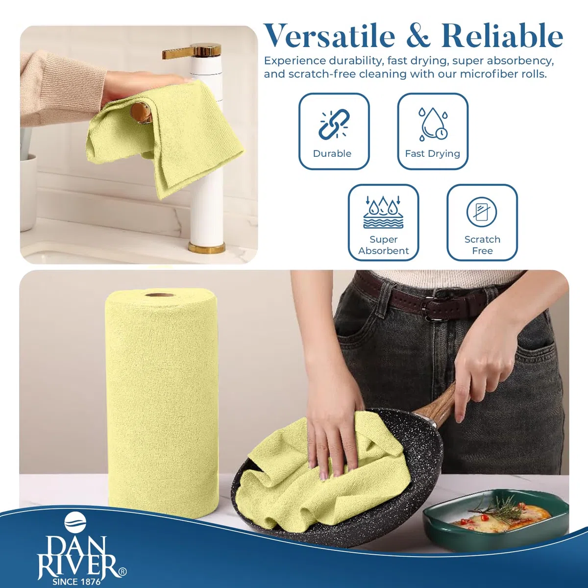 DAN RIVER Tear Away - Rollo de toallas de limpieza de microfibra, paquete de 50, paños reutilizables de 12 x 12 pulgadas para polvo, cocina, baño, coches, sin arañazos, suministros de limpieza sin