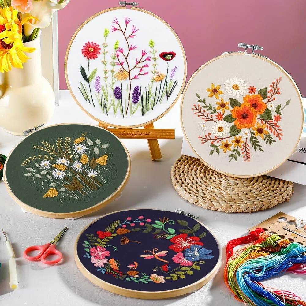 Kit de bordado para adultos, 4 juegos de iniciación de bordado con patrones de flores florales, kit de bordado a mano con aro de bordado e instrucciones (idioma español no garantizado), kits de punto