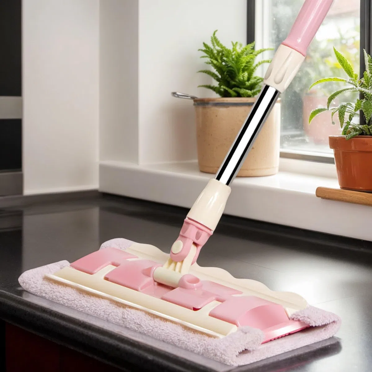 Mopa para Suelos Madera Mango Telescópico Giratorio 360 Grados con Raspador | Mopa De Cocina Con 4 Almohadillas Lavables Raspador Incluido, Limpiador Para Suelos De Cocina, Baño, Garaje,