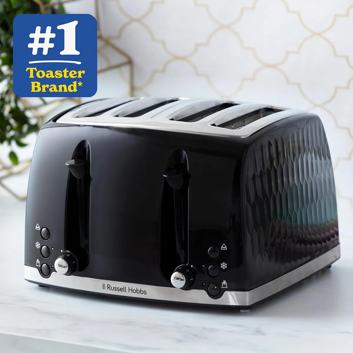 Russell Hobbs 26071 26071 - Tostadora de pan de abeja contemporánea con ranuras extra grandes y función de elevación alta, color negro