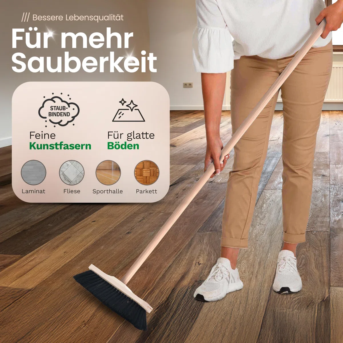 Novaliv 2 escobas de habitación con mango auténtico, cerdas suaves, con mango de madera, escobas mixtas de crin, para laminado y parqué, cerdas naturales