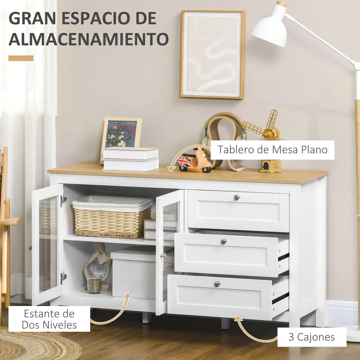 HOMCOM Aparador para Salón Armario Auxiliar con 2 Puertas de Vidrio 3 Cajones y Estante Ajustable para Cocina Comedor Pasillo 120x40x70 cm Blanco