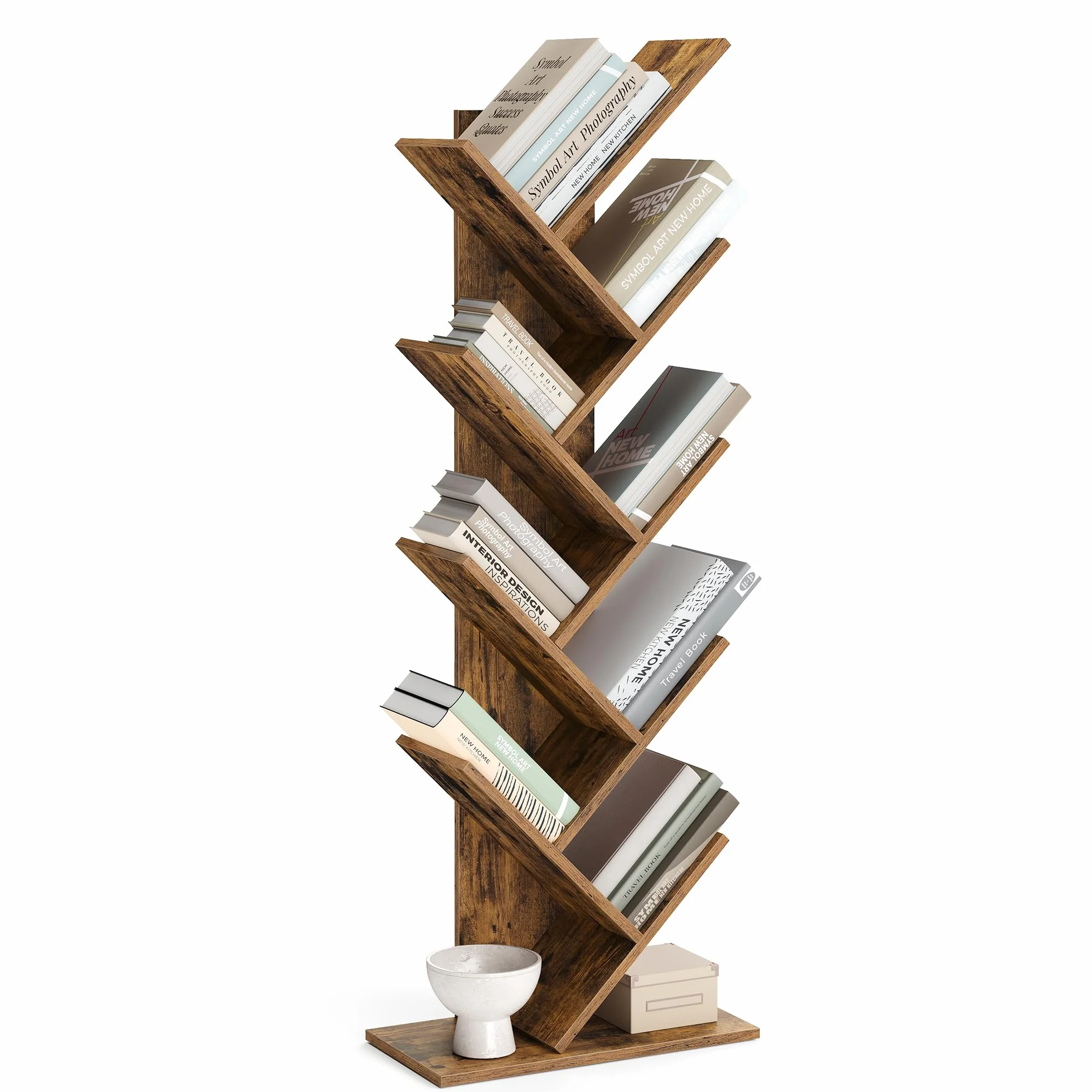VASAGLE Librería en Forma de Árbol, Biblioteca de 9 Niveles, Ahorro de Espacio, Estantería Vertical, para Dormitorio, Sala de Estar, Estudio, Oficina, Marrón Rústico LBC11BX