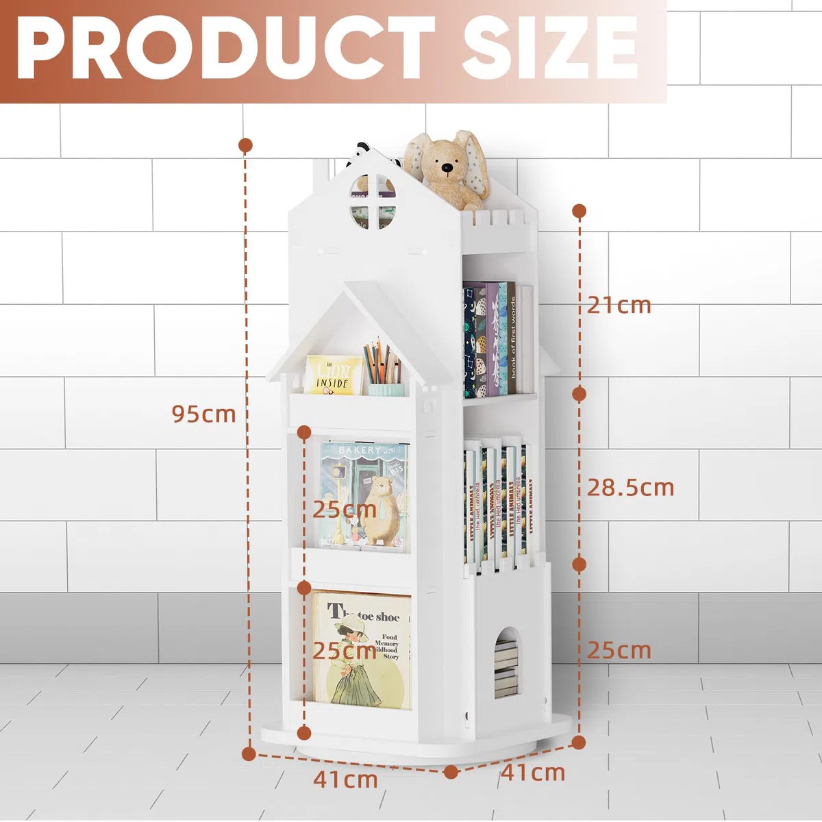 Nisorpa Estantería giratoria para niños con forma de casa, estantería blanca para niños, estantería de pie para niños, estantería giratoria para habitación de niños