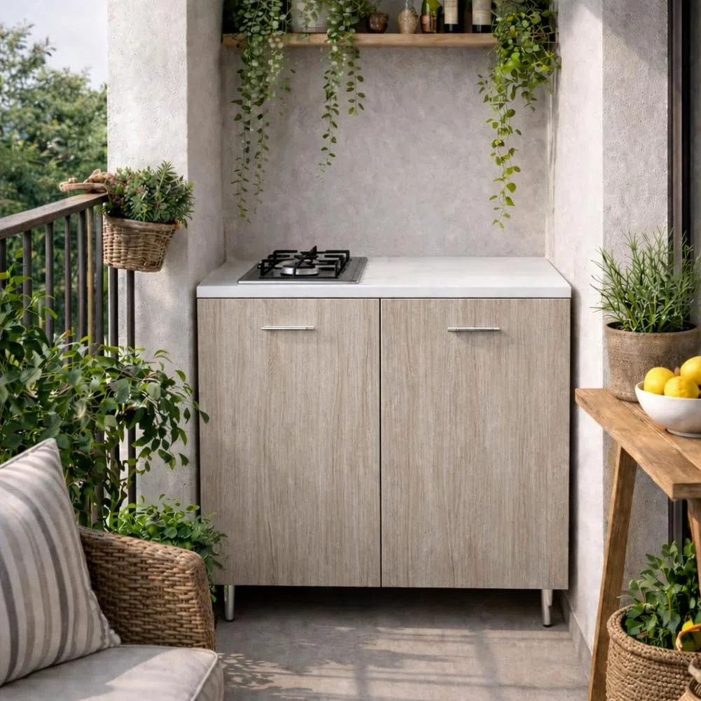 Shally Dogan Mueble base de cocina 2 puertas 80 x 60 x 85 cm con placa de cocción a gas 2 fuegos, placas de hierro fundido resistentes, montaje con patas fijas o ruedas, kit completo monobloque (Olmo)