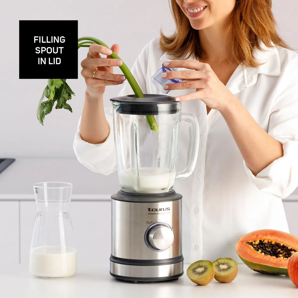 Taurus 1600 - Batidora de vaso, 1600 W, jarra cristal, 1.75 L, cuchillas de 6 filos, 5 velocidades + pulse, pica hielo, acero inoxidable, selector iluminado, inox