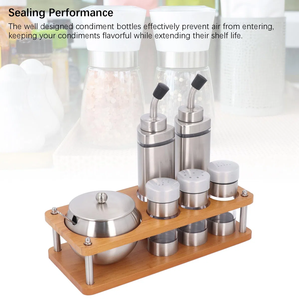 Juego de Dispensadores Condimentos para Vinagre, Sal y Pimienta, Juego Botellas Aceite y Vinagre con Base Estante Madera, Coctelera Plástico Acero Inoxidable Cocina,Almacenamiento
