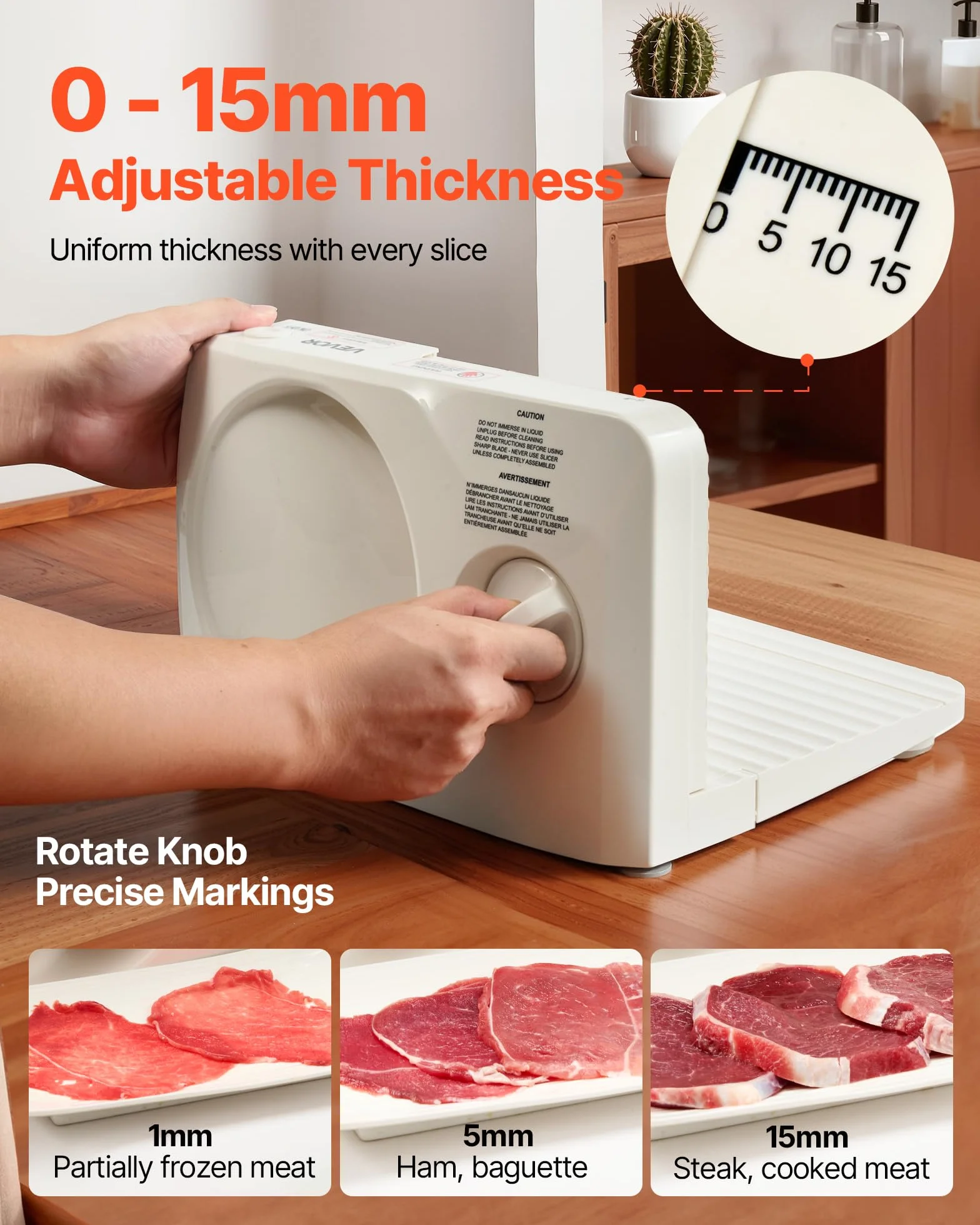 VEVOR Cortafiambres Eléctrico 180 W, Cortadora de Fiambre con Cuchilla Afilada de 170 mm, Velocidad de Corte de 60 a 90 RPM, Grosor Ajustable de 0 a 15 mm, para Carne Congelada, Jamón, Baguette