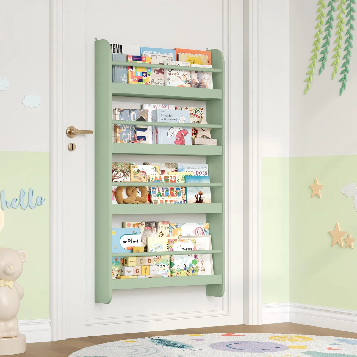 FOREHILL Estantería Infantil Pared, Estantería Infantil Libros, Librería Infantil Montessori, Madera, para Niños, 4 Estantes 111x58x12cm Verde