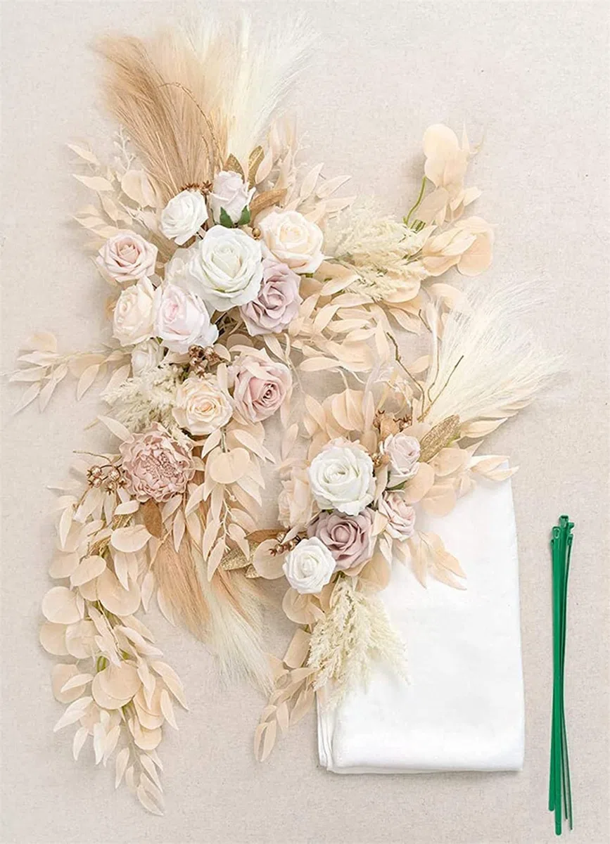 Kit De Flores De Arco De Boda (Paquete De 3), Flores Artificiales con Cortinas De Arco De Boda De Gasa, Arreglo Floral De Cenador para Ceremonia De Fiesta De Boda,Beige