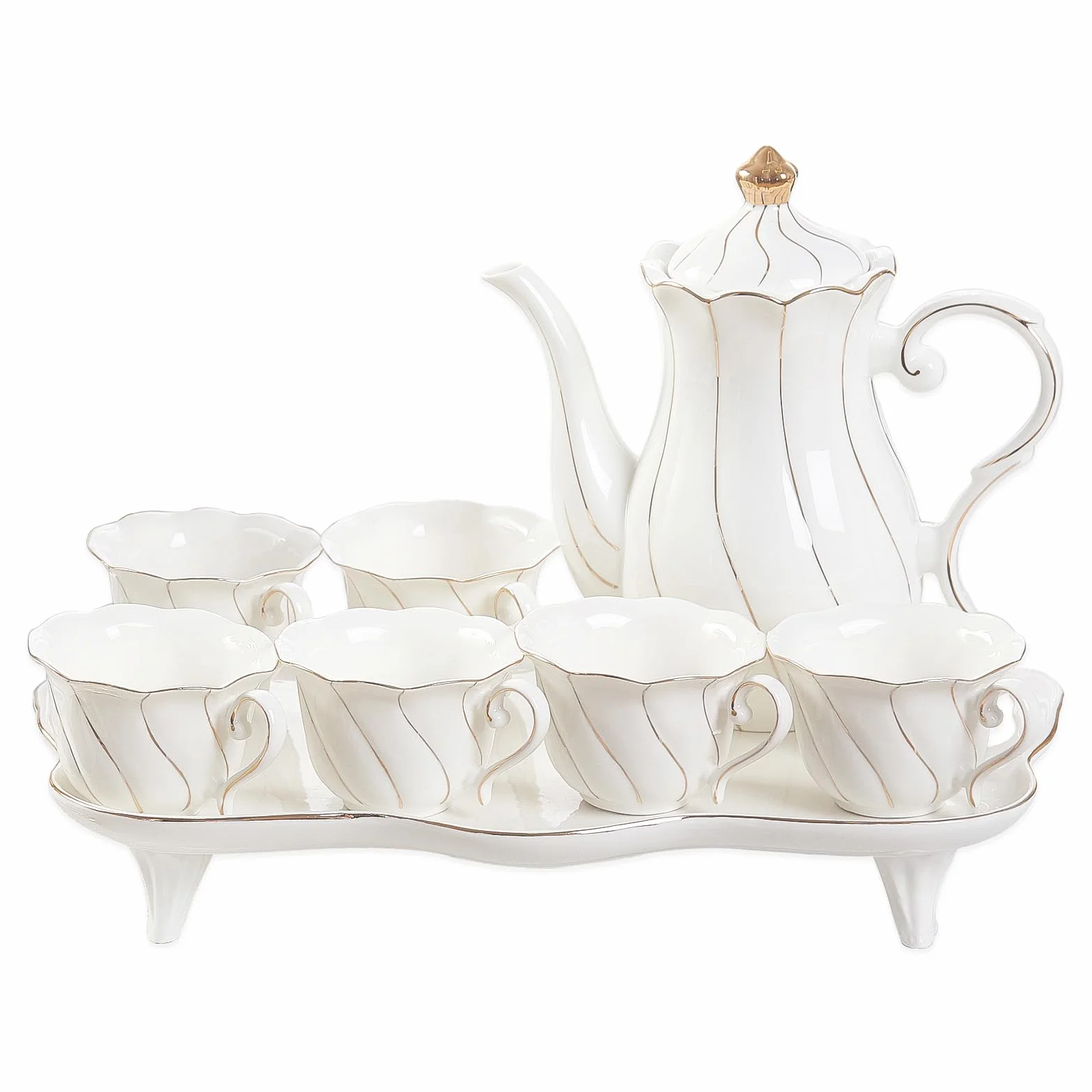 DUJUST Juego de 14 piezas de té con bandeja de té y cucharas, juego de tazas de té y café con diseño de diamante moderno con adornos dorados, decoración de sala de estar de porcelana