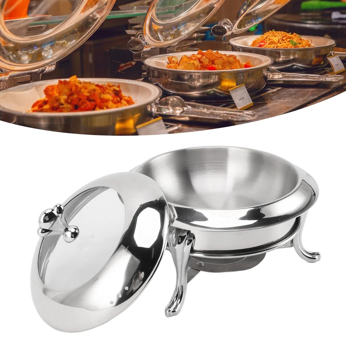 Juego de Buffet para Chafing Dish, Calentador de Buffet Redondo Portátil con Tapa, Calentador de Comida de Catering de Acero Inoxidable para Fiestas, Bodas, Cumpleaños (22cm)