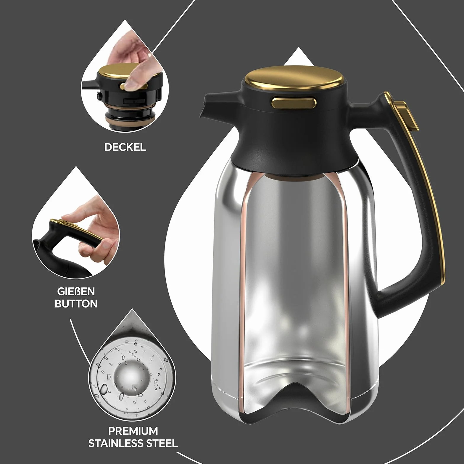 IDEUS® Termo de 2 l, acero inoxidable de doble pared, aislamiento al vacío, tetera caliente para café, sin BPA (negro y dorado)