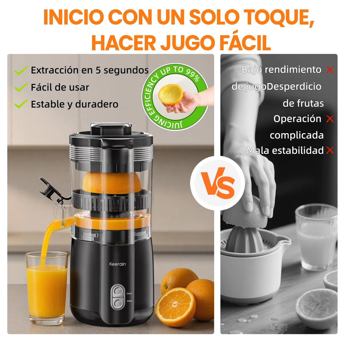 Keerain Exprimidor de Naranjas Eléctrico, Exprimidor Automático 100W, para Naranjas, Limas y Limones