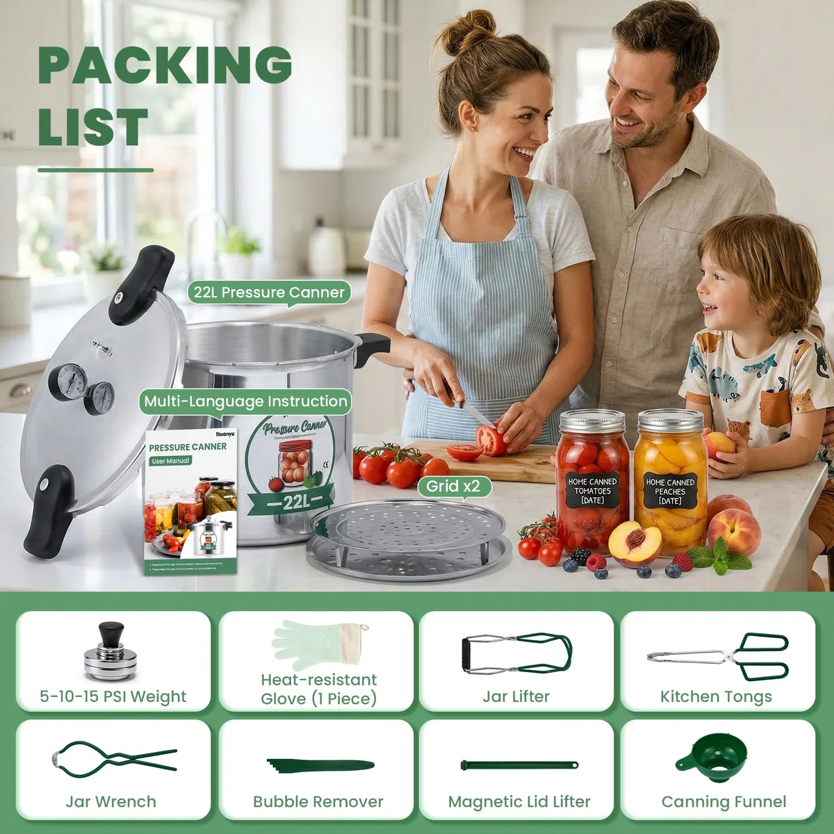 Huanyu Olla a presión de 22 litros con pesas de presión de 5, 10 y 15 PSI, compatible con cocinas de inducción y de gas. Olla a presión multifunción y ollas a presión para conservas