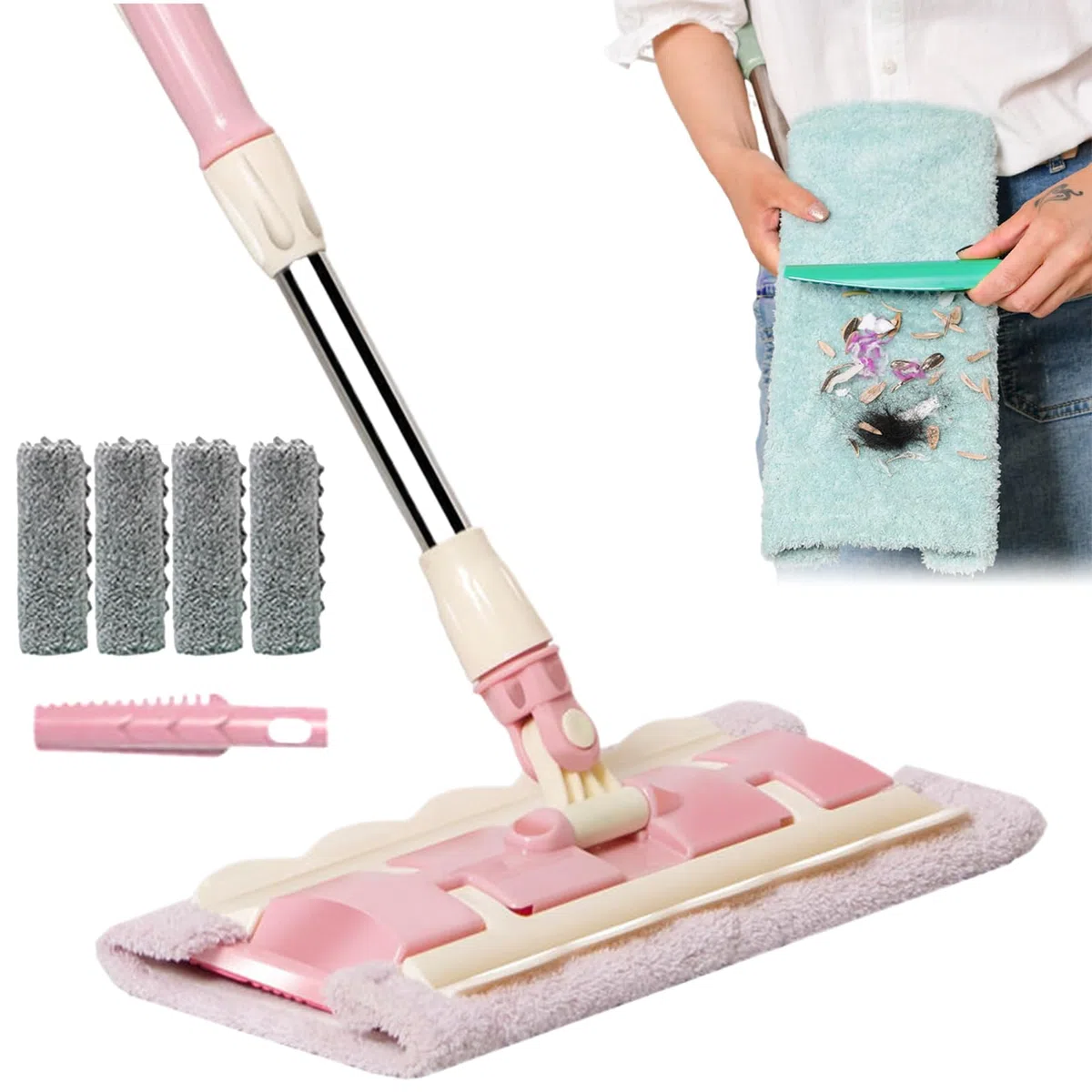 Mopa Plana Mango Telescópico Giratorio 360 Grados Con Raspador De Polvo | Mopa para seco y húmedo con 4 almohadillas lavables Raspador Incluido, Limpiador Para Suelos De Cocina, Baño, Garaje, Pati