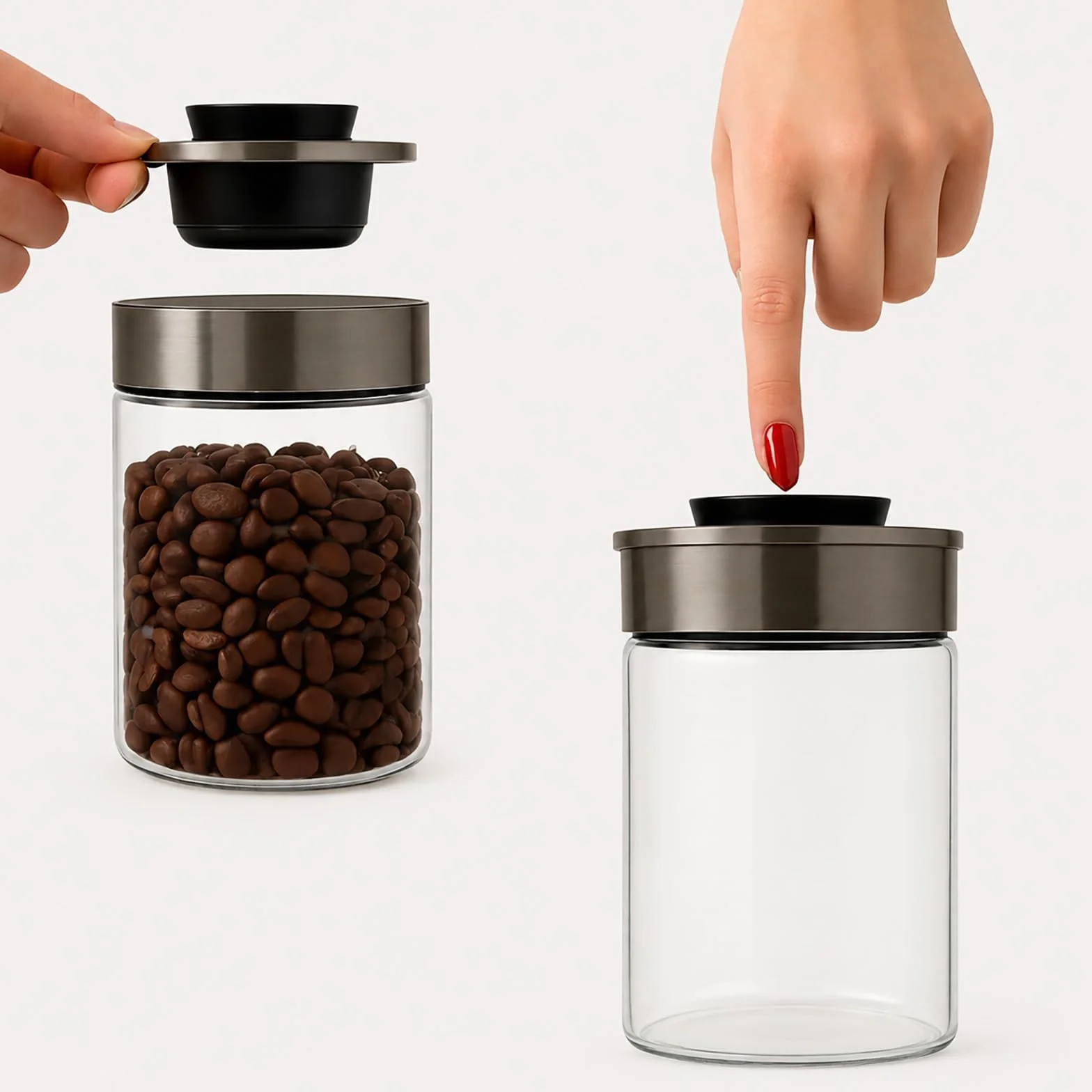 BURI Juego de 6 tarros de cristal de 1000 ml, herméticos con tapa de acero inoxidable y cierre de clic, apilables, aptos para lavavajillas, para cocina, almacenamiento de alimentos